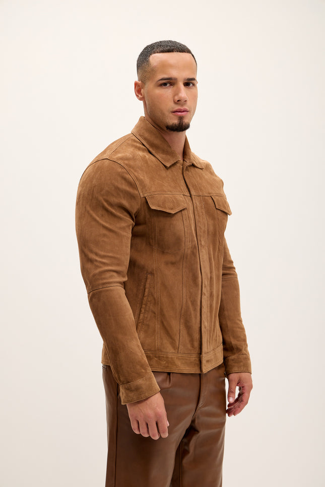 Men's Suede Leather Shirt Jacket - Brown - Ron Tomson Leather