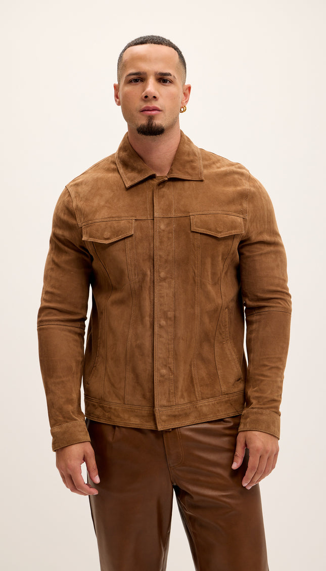 Suede Leather Shirt Jacket - Brown - Ron Tomson