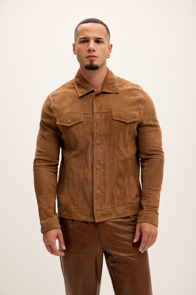 Men's Suede Leather Shirt Jacket - Brown - Ron Tomson