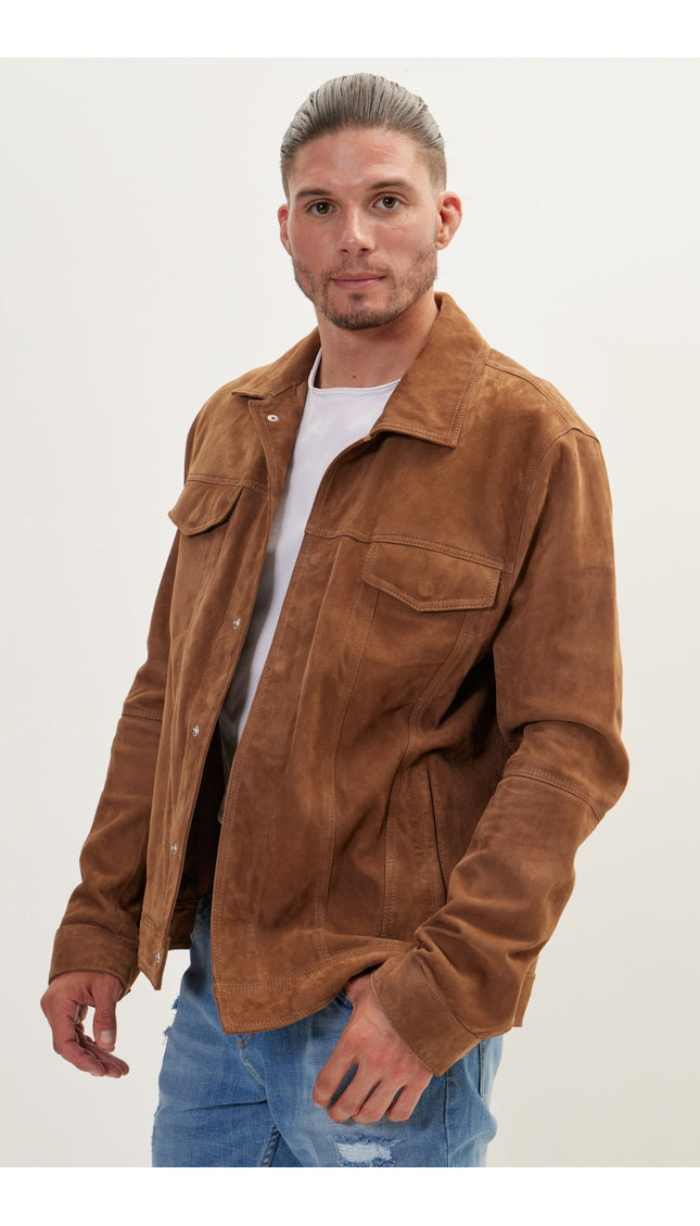 Suede Leather Shirt Jacket - Brown - Ron Tomson