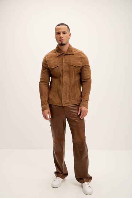 Men's Suede Leather Shirt Jacket - Brown - Ron Tomson Leather