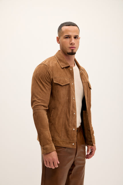 Men's Suede Leather Shirt Jacket - Brown - Ron Tomson Leather
