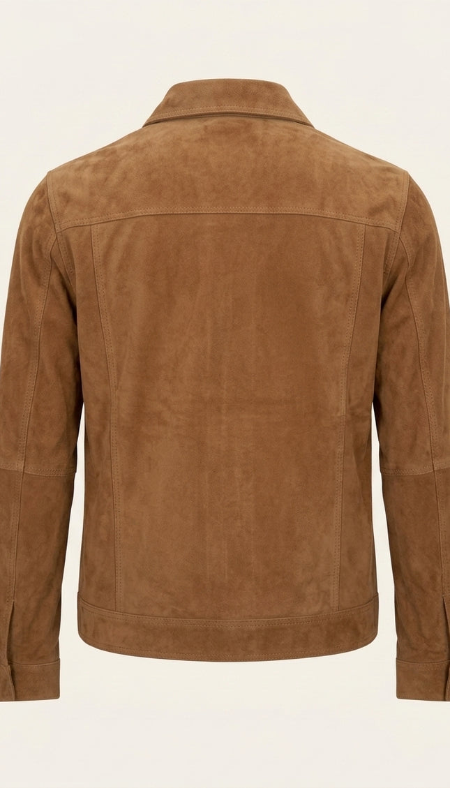 Suede Leather Shirt Jacket - Camel - Back
