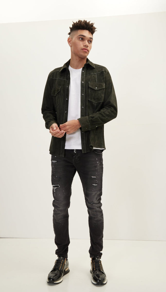 Suede Leather Shirt - Khaki - Ron Tomson