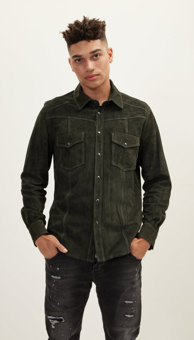 Suede Leather Shirt - Khaki - Ron Tomson