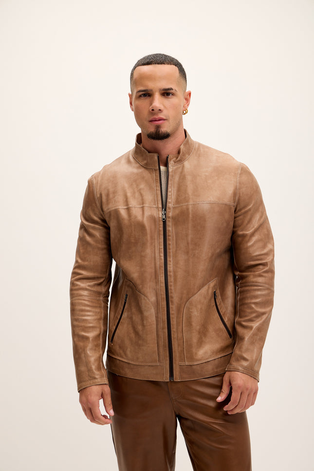 Men's Vanguard Reversible Perforated Suede & Leather Jacket - Beige/Brown - Ron Tomson Leather