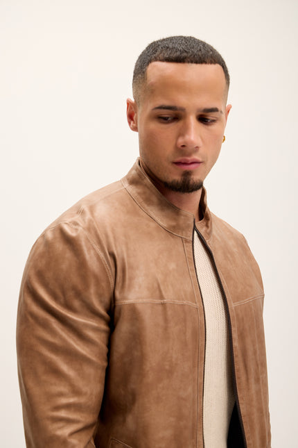 Men's Vanguard Reversible Perforated Suede & Leather Jacket - Beige/Brown - Ron Tomson Leather
