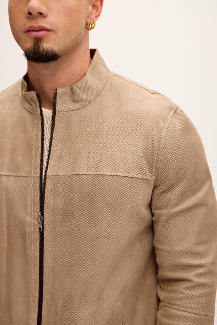Men's Vanguard Reversible Perforated Suede & Leather Jacket - Beige/Brown - Ron Tomson Leather