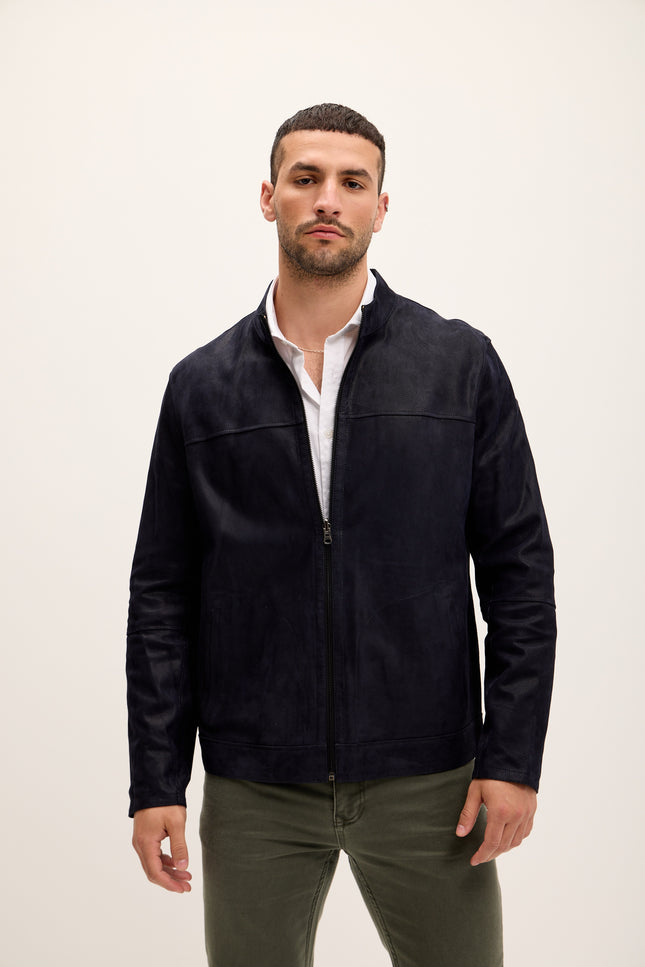 Men's Vanguard Reversible Perforated Suede & Leather Jacket - Navy/Black - Ron Tomson