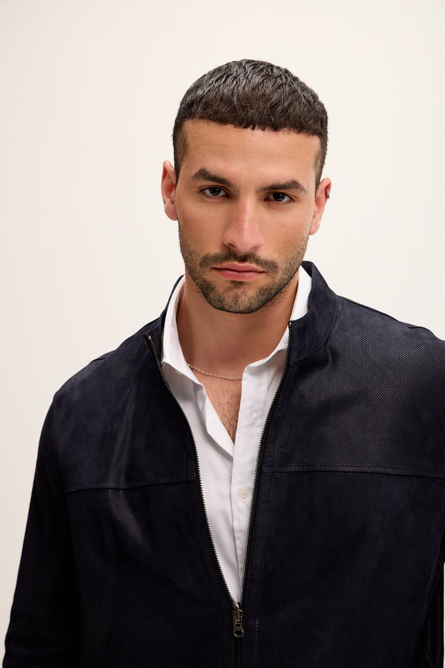 Men's Vanguard Reversible Perforated Suede & Leather Jacket - Navy/Black - Ron Tomson Leather