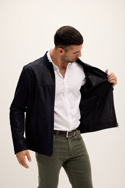 Men's Vanguard Reversible Perforated Suede & Leather Jacket - Navy/Black - Ron Tomson Leather