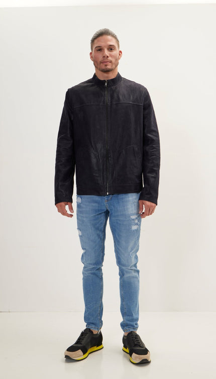 Suede To Genuine Reversible Leather Jacket - Navy Black - Ron Tomson