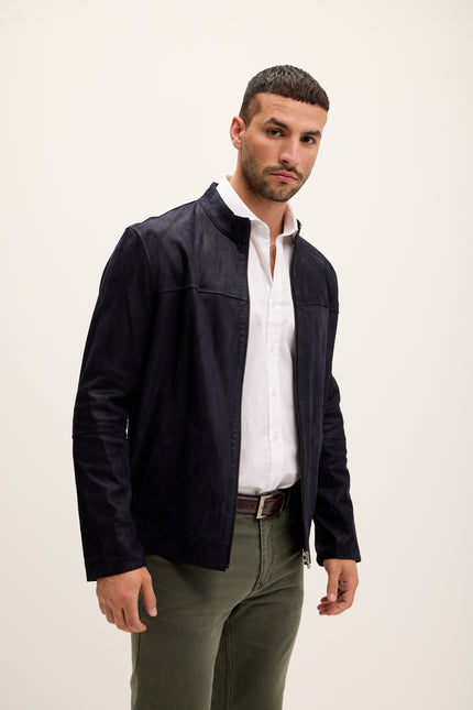 Men's Vanguard Reversible Perforated Suede & Leather Jacket - Navy/Black - Ron Tomson Leather