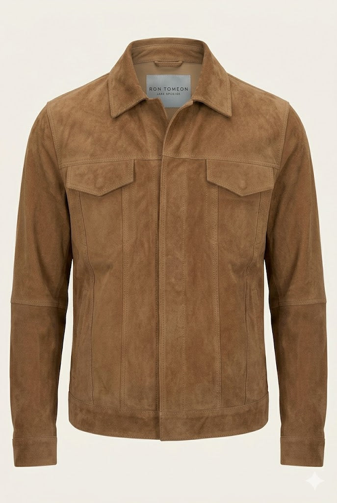 Men's Lambskin Suede Shirt Jacket - Camel | Ron Tomson