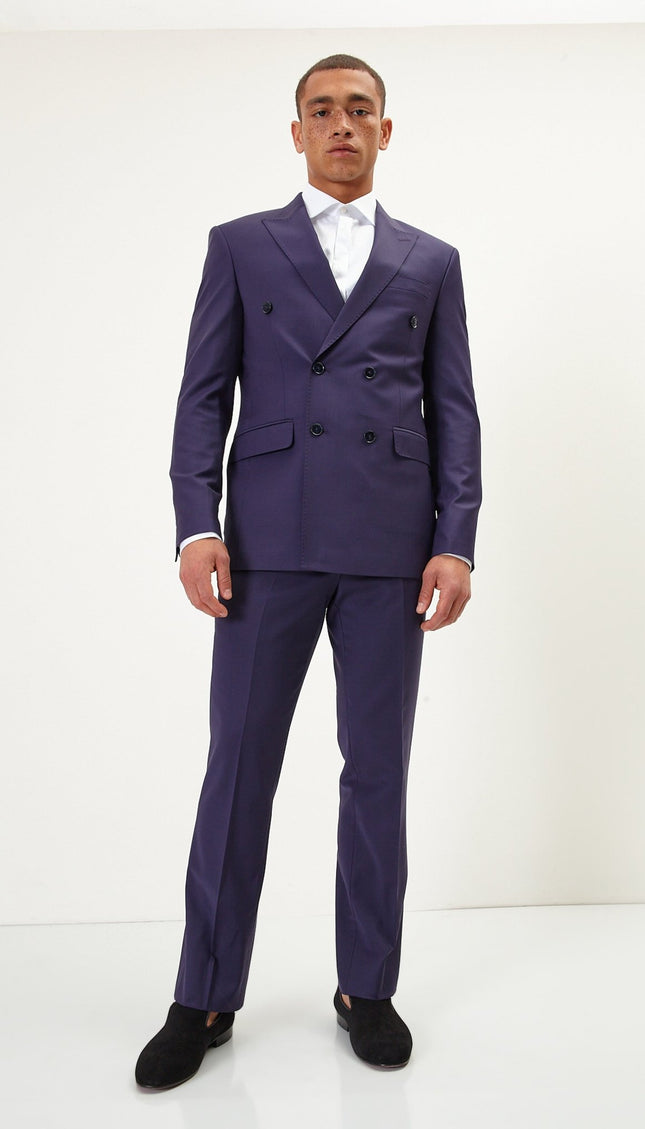 Super 120S Merino Wool Double Breasted Suit - Aubergine Purple - Ron Tomson
