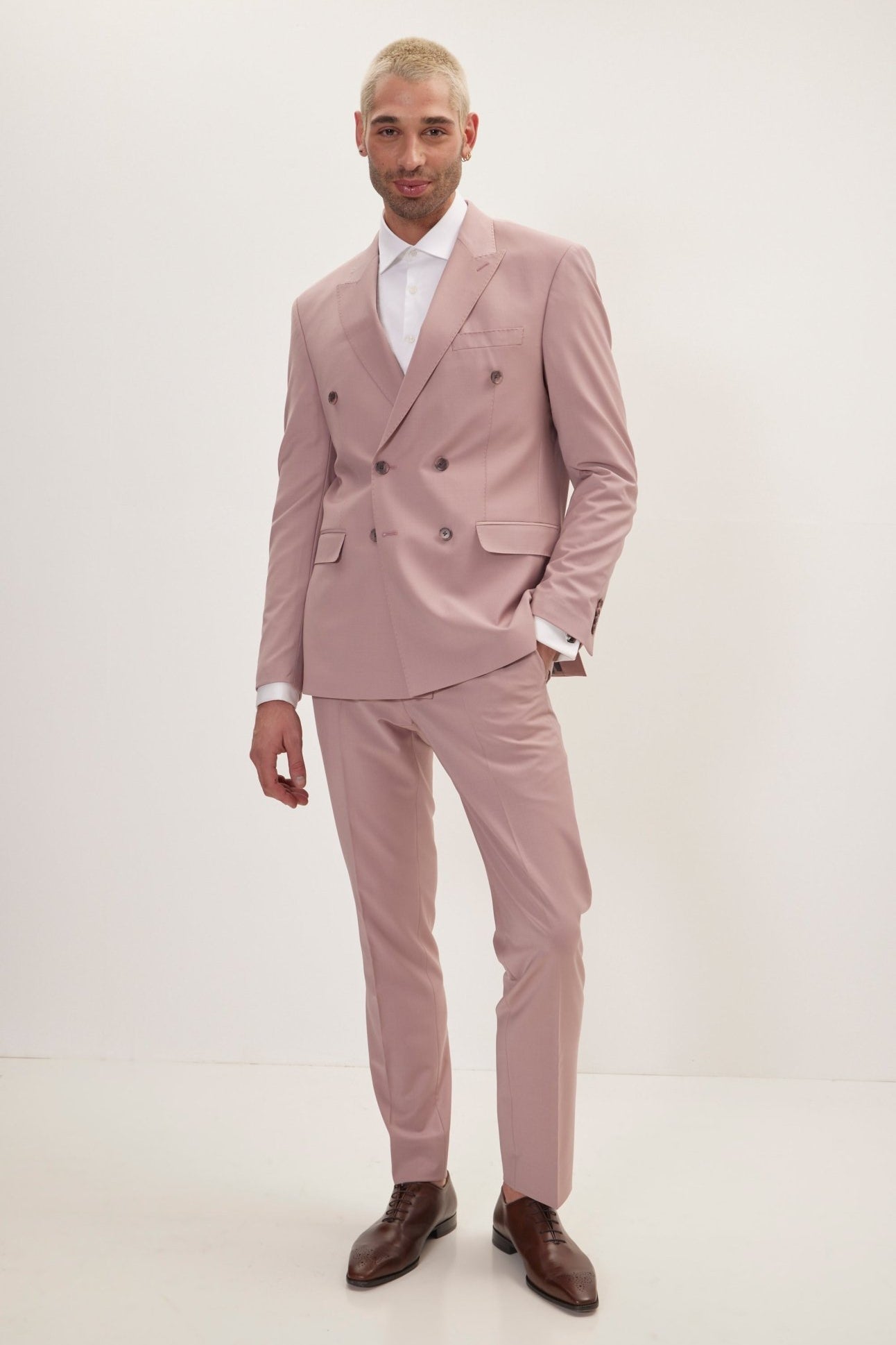 Super 120S Merino Wool Double Breasted Suit - Blush Pink - Ron Tomson
