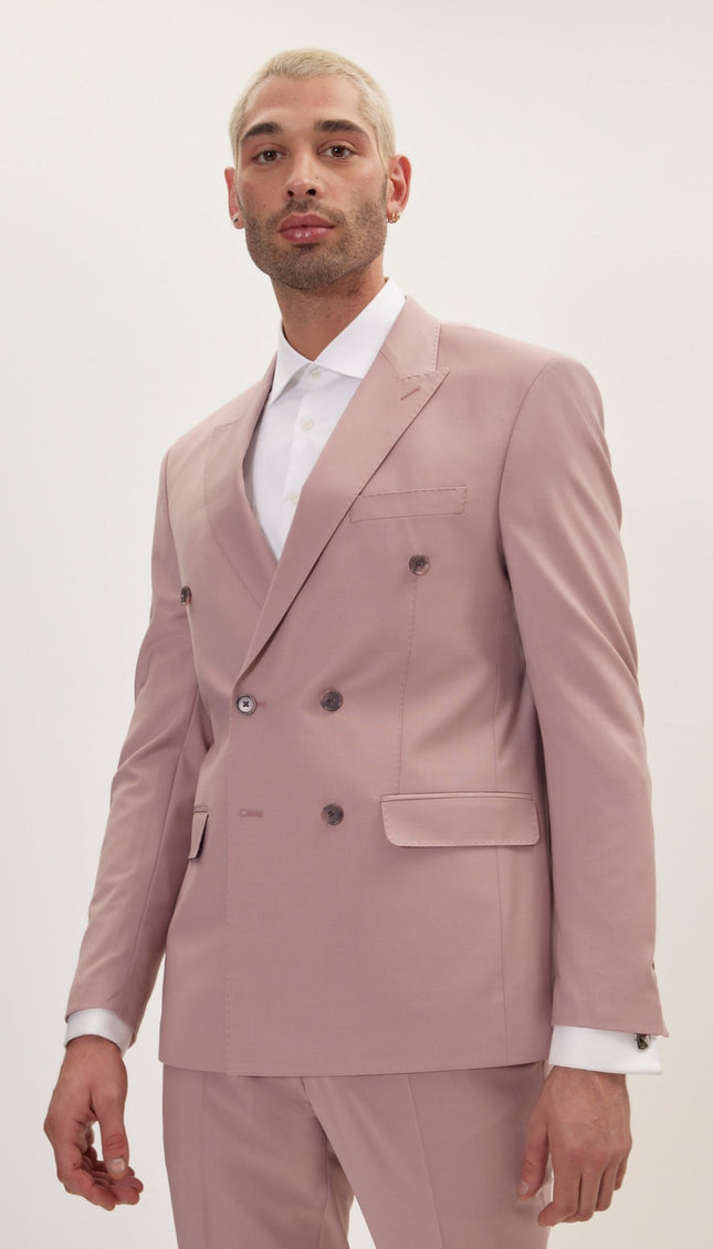Super 120S Merino Wool Double Breasted Suit - Blush Pink - Ron Tomson