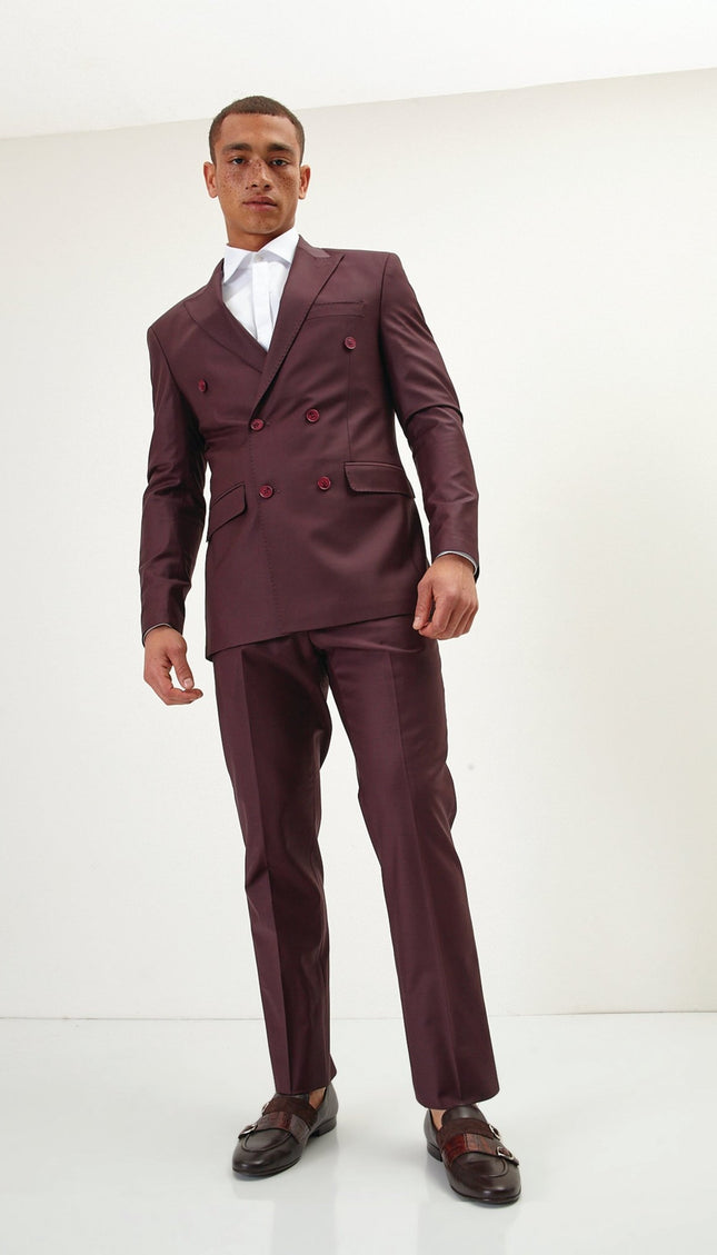 Super 120S Merino Wool Double Breasted Suit - Burgundy - Ron Tomson