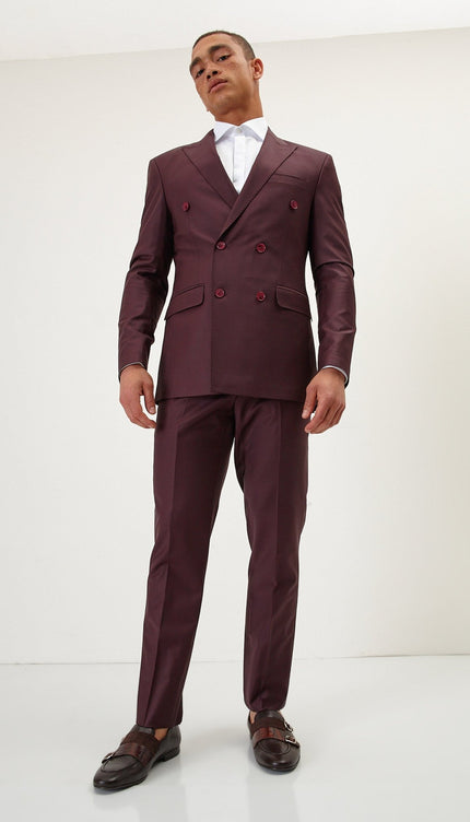 Super 120S Merino Wool Double Breasted Suit - Burgundy - Ron Tomson
