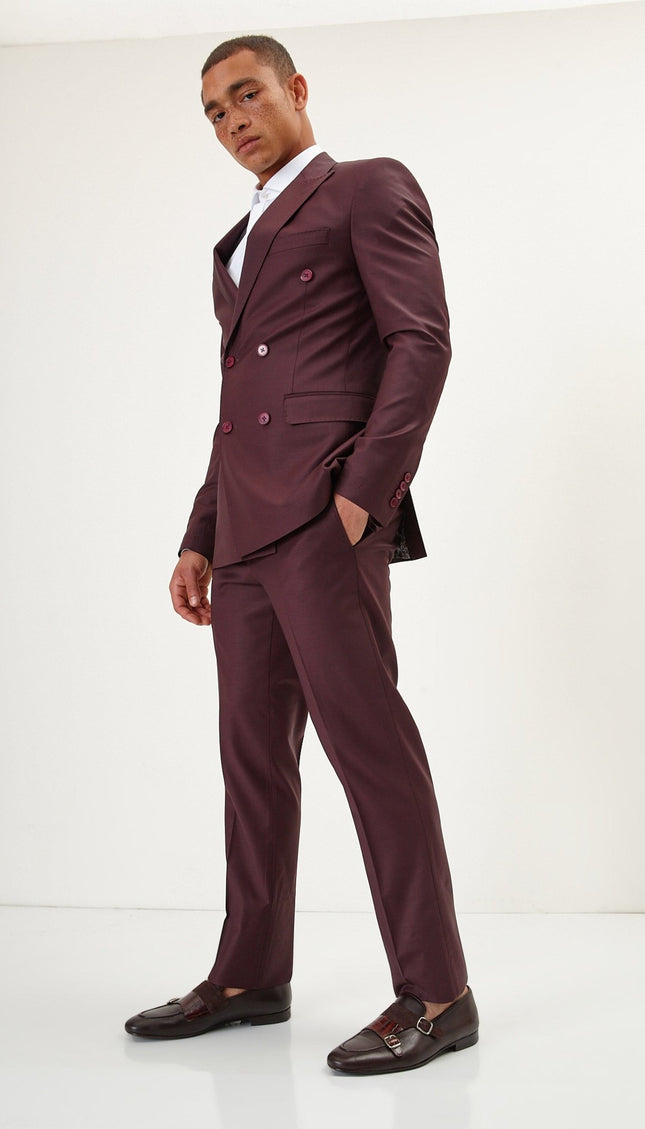 Super 120S Merino Wool Double Breasted Suit - Burgundy - Ron Tomson