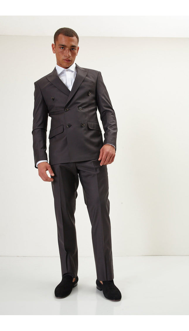 Super 120S Merino Wool Double Breasted Suit - Chocolate Brown - Ron Tomson