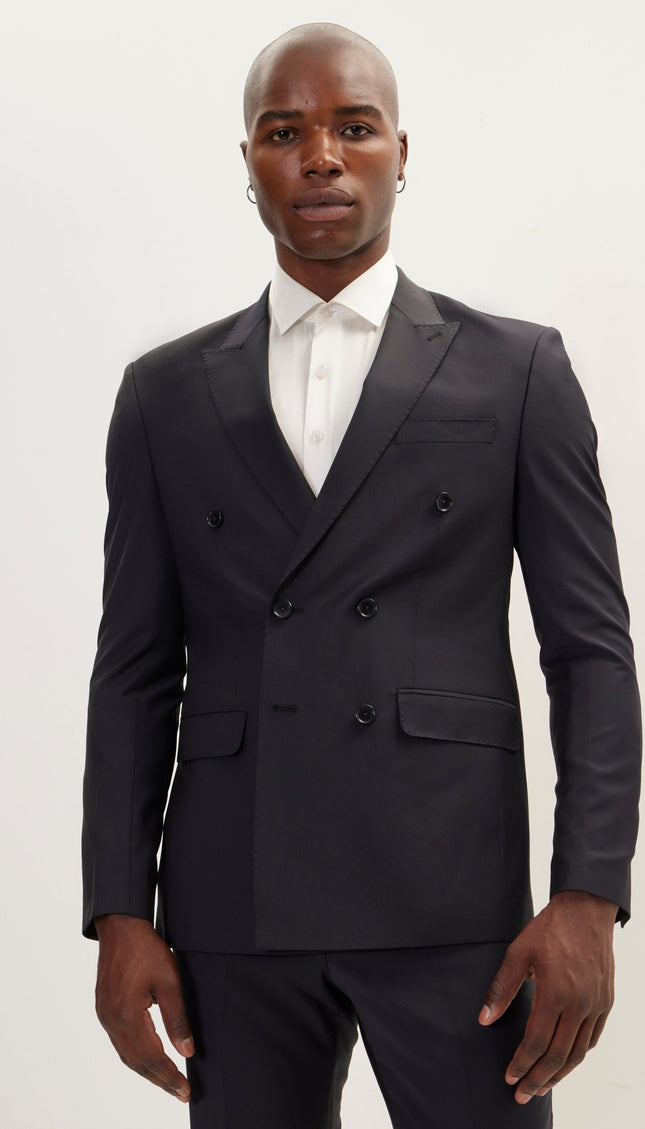 Super 120S Merino Wool Double Breasted Suit - Cobalt Black - Ron Tomson