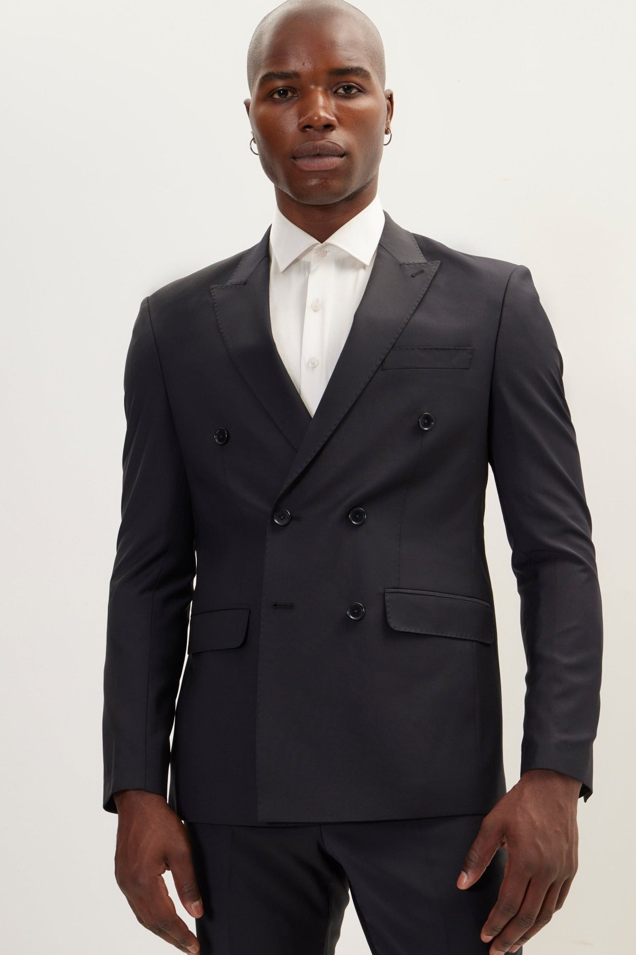 Super 120S Merino Wool Double Breasted Suit - Cobalt Black - Ron Tomson