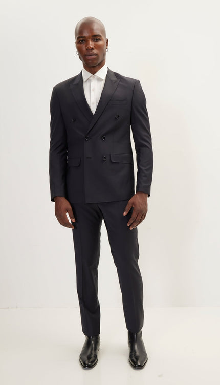 Super 120S Merino Wool Double Breasted Suit - Cobalt Black - Ron Tomson
