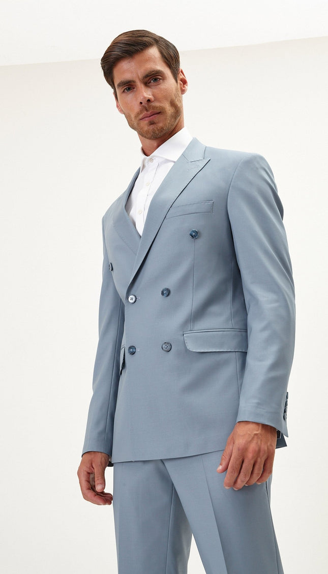 Super 120S Merino Wool Double Breasted Suit - Cool Grey - Ron Tomson