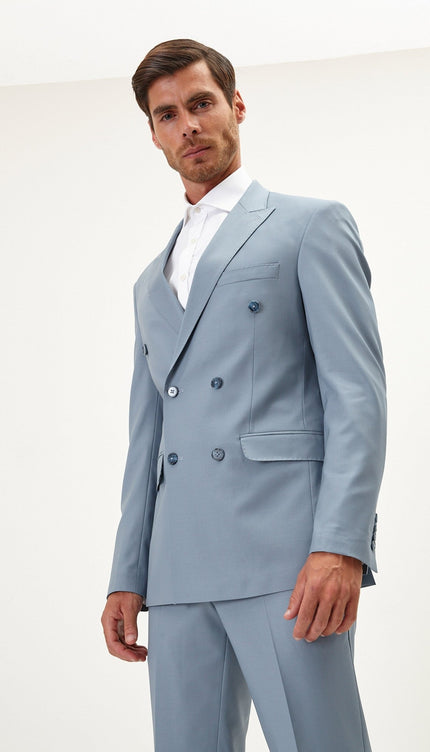 Super 120S Merino Wool Double Breasted Suit - Cool Grey - Ron Tomson