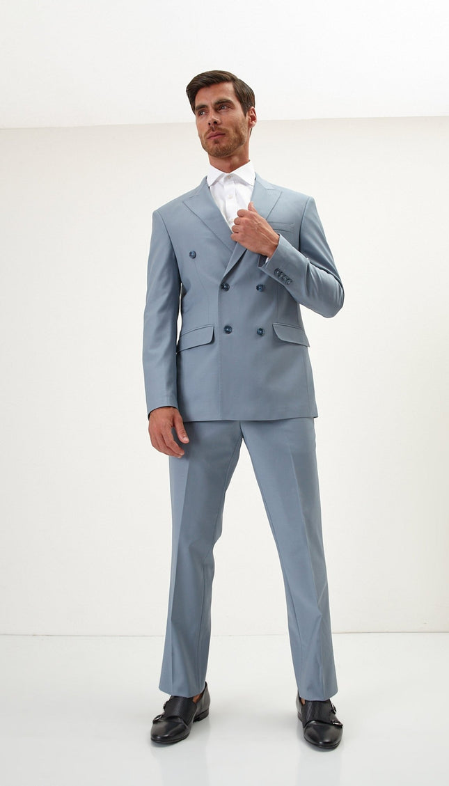 Super 120S Merino Wool Double Breasted Suit - Cool Grey - Ron Tomson