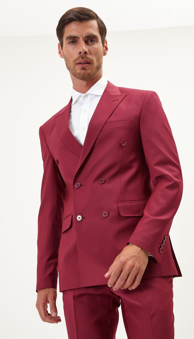 Super 120S Merino Wool Double Breasted Suit - Currant Maroon - Ron Tomson