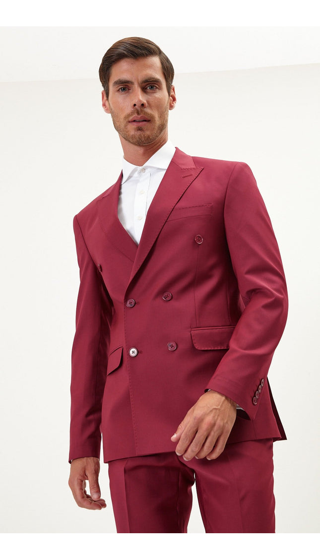 Super 120S Merino Wool Double Breasted Suit - Currant Maroon - Ron Tomson