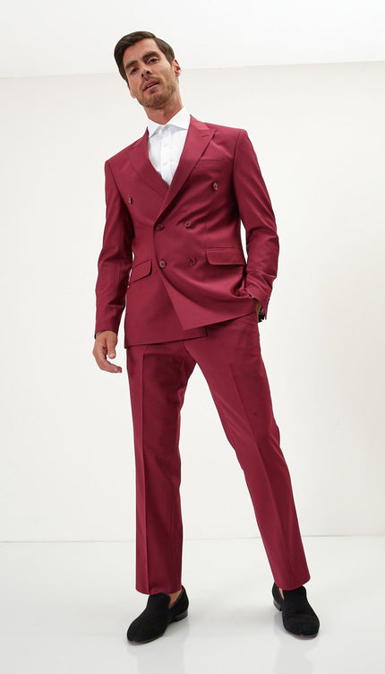 Super 120S Merino Wool Double Breasted Suit - Currant Maroon - Ron Tomson