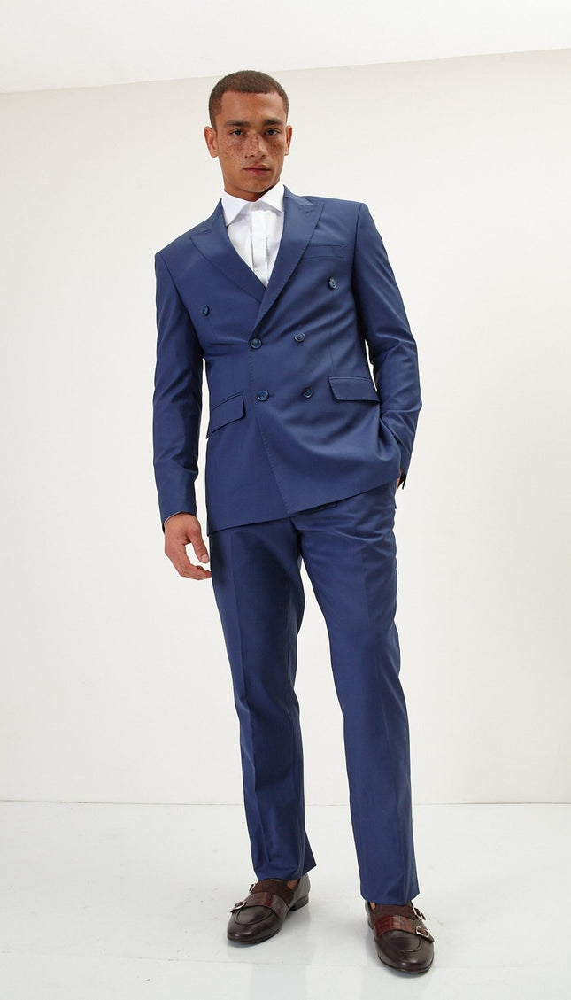 Super 120S Merino Wool Double Breasted Suit - Dark Blue - Ron Tomson
