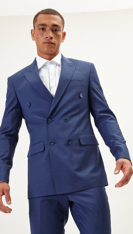 Super 120S Merino Wool Double Breasted Suit - Dark Blue - Ron Tomson