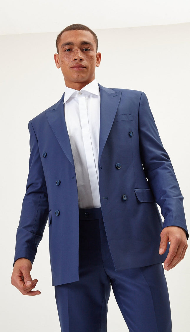 Super 120S Merino Wool Double Breasted Suit - Dark Blue - Ron Tomson