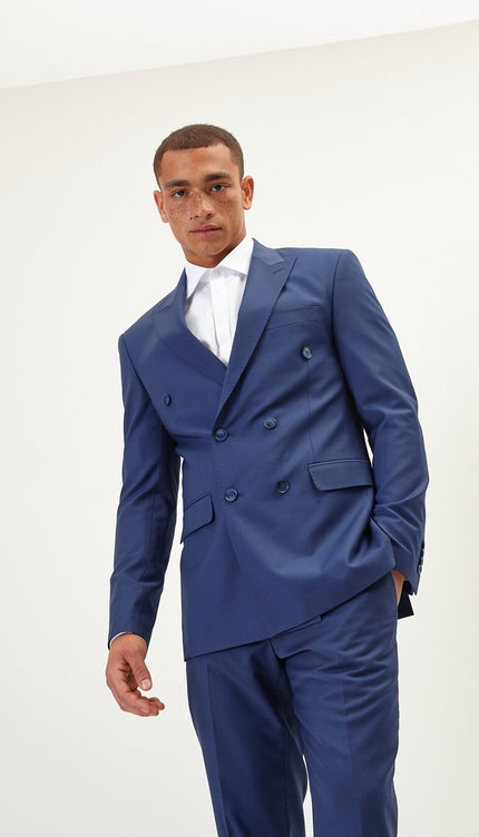 Super 120S Merino Wool Double Breasted Suit - Dark Blue - Ron Tomson