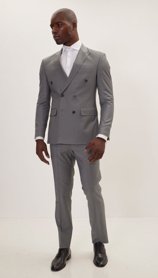 Super 120S Merino Wool Double Breasted Suit - Dark Grey - Ron Tomson