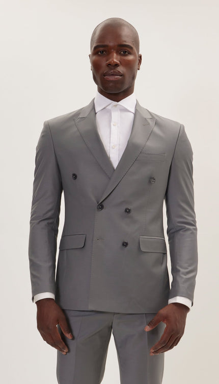 Super 120S Merino Wool Double Breasted Suit - Dark Grey - Ron Tomson