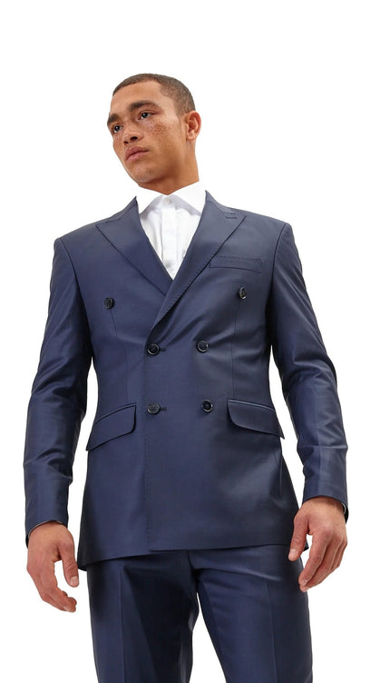 Super 120S Merino Wool Double Breasted Suit - Dark Navy - Ron Tomson