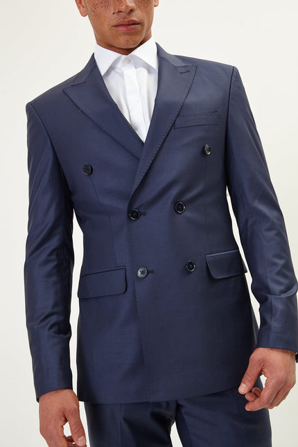 Super 120S Merino Wool Double Breasted Suit - Dark Navy - Ron Tomson