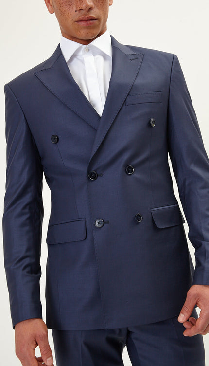 Super 120S Merino Wool Double Breasted Suit - Dark Navy - Ron Tomson