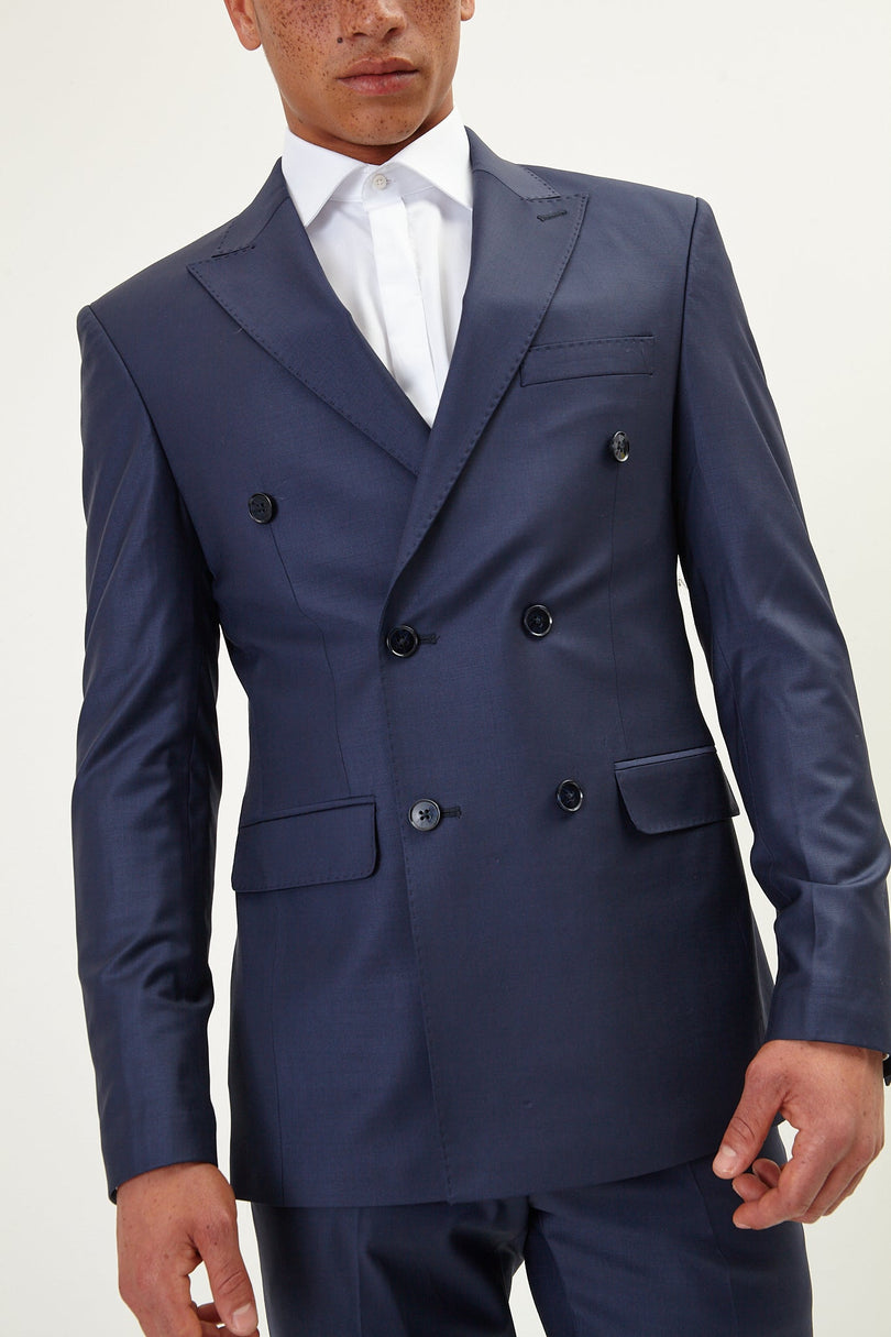 Super 120S Merino Wool Double Breasted Suit - Dark Navy - Ron Tomson