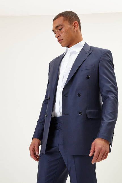 Super 120S Merino Wool Double Breasted Suit - Dark Navy - Ron Tomson