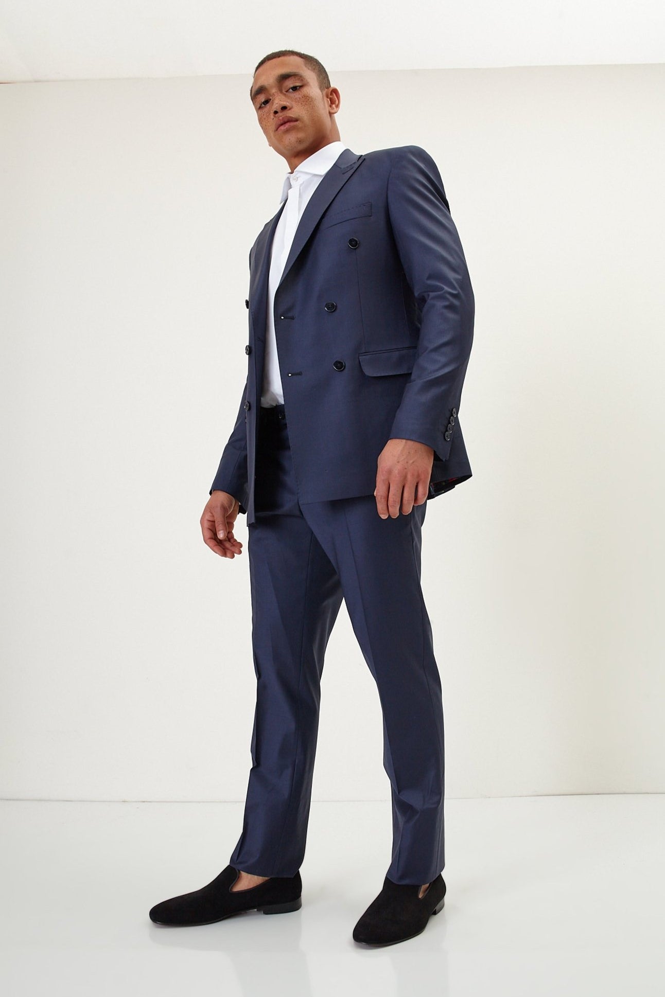 Super 120S Merino Wool Double Breasted Suit - Dark Navy - Ron Tomson