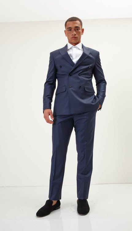 Super 120S Merino Wool Double Breasted Suit - Dark Navy - Ron Tomson