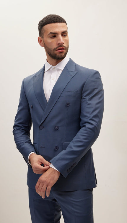 Super 120S Merino Wool Double Breasted Suit - Dark Petrol Blue - Ron Tomson