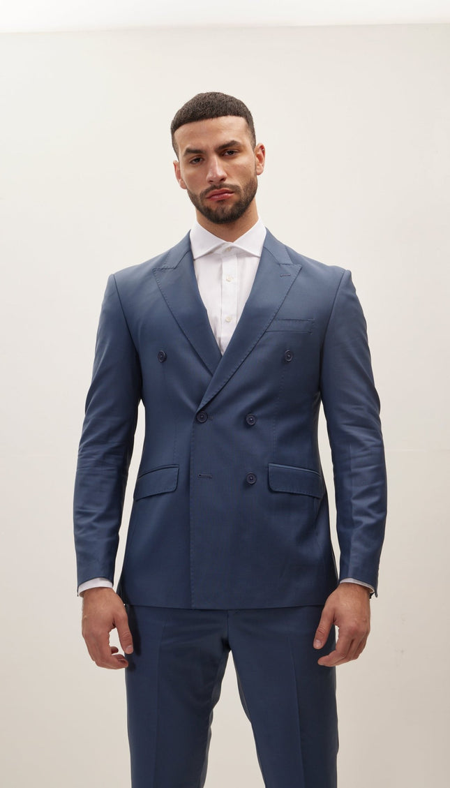 Super 120S Merino Wool Double Breasted Suit - Dark Petrol Blue - Ron Tomson