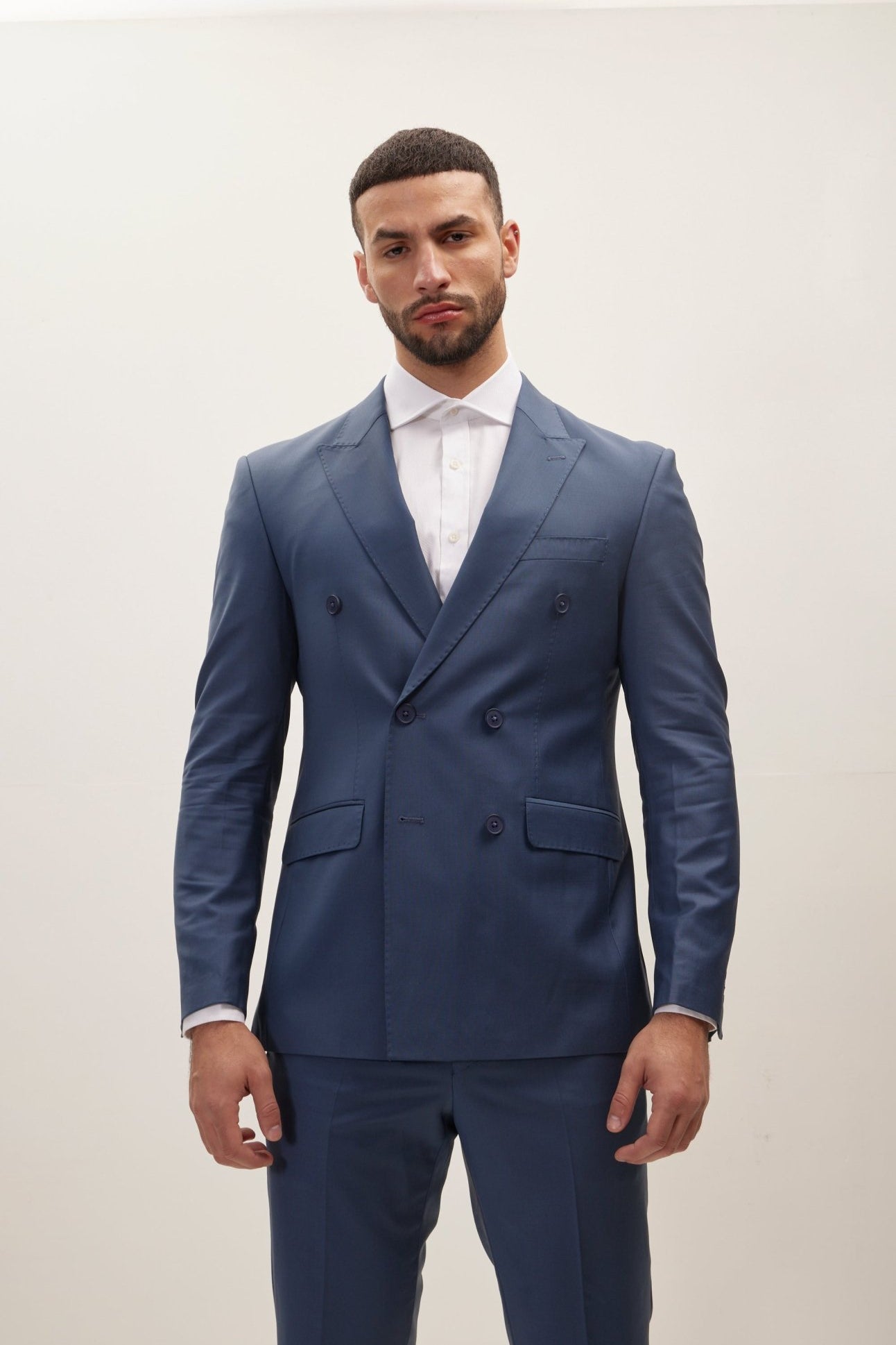 Super 120S Merino Wool Double Breasted Suit - Dark Petrol Blue - Ron Tomson